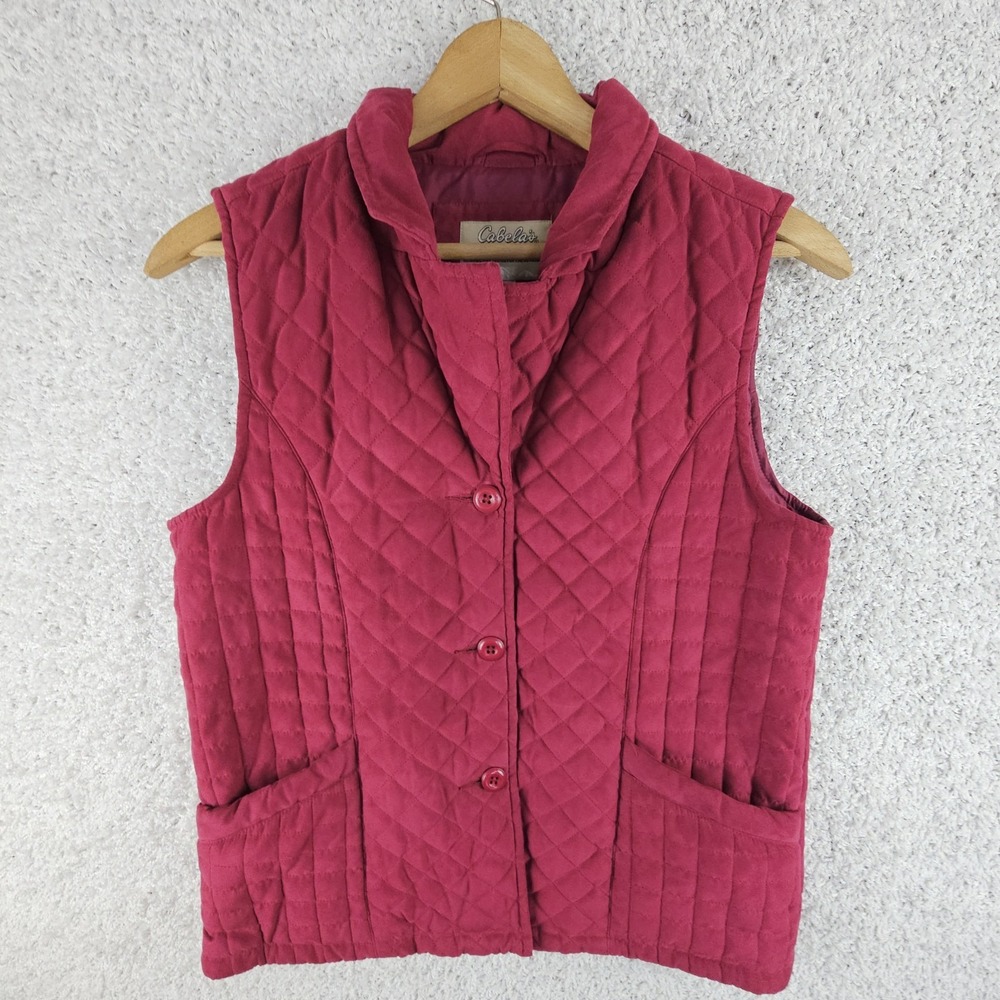 Cabela's Diamond Quilted Vest Women's Medium Button Up Pockets Cranberry SOFT